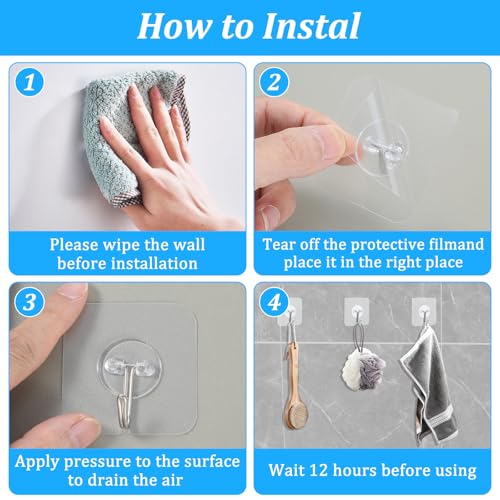 Image of MAQUITA 150 Pack Heavy Duty Adhesive Hooks, 24lb Max Clear Sticky Hooks for Walls, No Drill Reusable Transparent Hanging Hook for Kitchen, Bathroom, Office & Home Organization