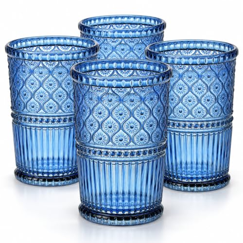 Godinger Highball Drinking Glasses, Tall Glass Cups, Vintage Decor, Water Glasses, Cocktail Glasses - Claro Collection, 12oz, Blue, Set of 4