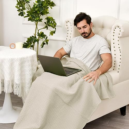 Image of PHF 100% Cotton Waffle Throw Blanket Lightweight Breathable, Linen /Stone | Pre-washed Soft Cozy Summer Throw for Hot Sleepers, Textured Decorative Layer for Bed Couch Sofa Guest Room, Giftable
