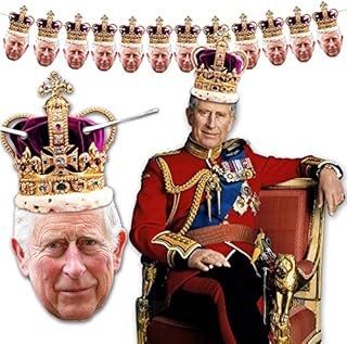 King Charles III Coronation Bunting Banner - 12 Cutout Photo Faces Of The King - 27cm Tall With 2.5 Meters of Ribbon For Hanging The Bunting - Great Charles The 3rd 2023 Coronation Souvenir