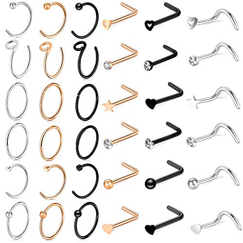 ONESING 36 Pcs 20G Nose Rings for Women Nose Studs Nose Rings Hoop Nose Rings Set Nose Piercings Jewelry for Women Men 316L Stainless Steel, Gold