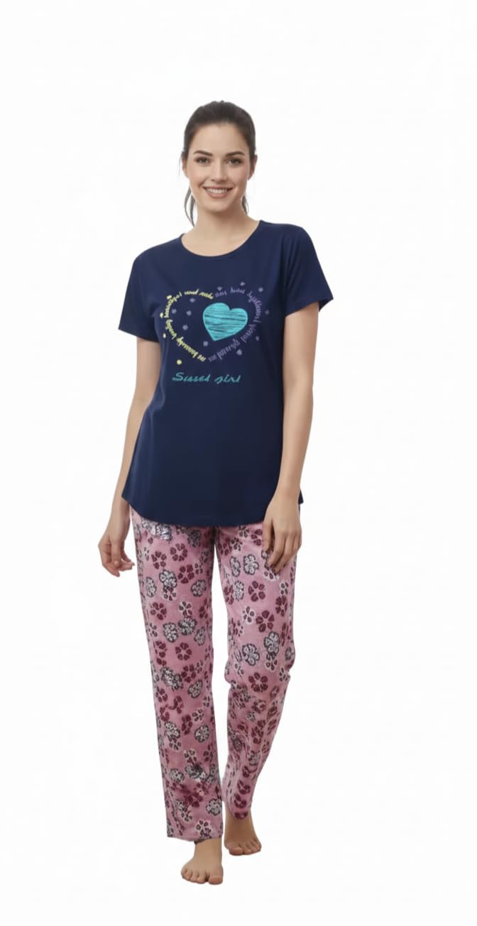 Women's Night Dress, Teal Blue Top with Printed Pyjama Set, Short Sleeve Nightwear-image-3