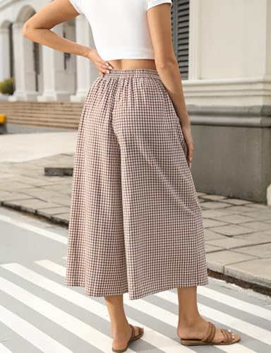 Image of TARSE Women Wide Leg Capri Pants Loose Gingham Plaid Culottes Summer Elastic Waist Palazzo Trousers Bottoms with Pockets