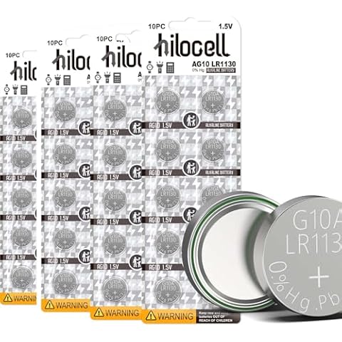 hilocell LR1130 Batteries 40 Pack, AG10 Button Cell Battery, 1.55V Long Lasting AG10 Alkaline Coin Batteries Replacement for Calculator Watches DLR1130 L1131 LR54 SR1130 RW89 G10A GP389 Cover
