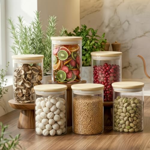 Image of amazon basics Fluted Glass Jars with Bamboo Lids, Set of 6, 600ml Decorative Kitchen Storage Containers for Snacks, Dry Fruits, Tea, Coffee, Sugar & Pantry Organization