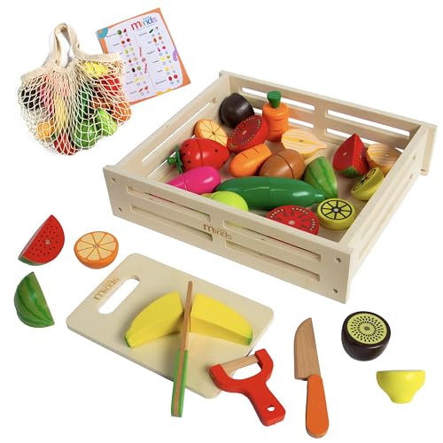 Image of MINI MINDS 37 Pcs Wooden Play Food, Shopping Bag & List. Magnetic Toddler Cutting Set, Kitchen Play Toys, Montessori Toys