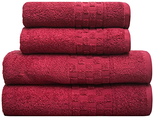 Ensemble de bain 4 pièces - 2 serviettes de bain et 2 serviettes de toilette - 100 % coton - 520 g/m² - Bordure à carreaux - Doux et absorbant - Rouge Cover