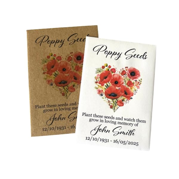 Personalised Memorial Poppy Seeds Packet, Funeral Remembrance Favours with Custom Name and Dates, Pack of 10 Favours (Poppy Heart)
