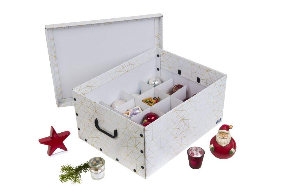 Dekokarton 3er-Set XXL in Weiß/Gold für Christbaumkugeln, Kunststoff-Griffe | Aus stabiler Pappe mit Einsätzen für bis zu 40 Kugeln oder sonstige Weihnachtsdeko. Robust und formschön.