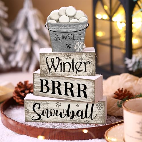 Image of Moucuny 4 Pcs Winter Table Decorations Winter Tiered Tray Decor Christmas Table Centerpiece Rustic Decorative Snowball Snow Bucket Block Sign Farmhouse Christmas Decorations for Home Kitchen Shelf