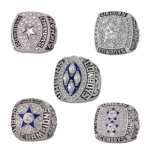SILVER VERSION RINGS GIFT SET DALLAS RUGBY 1971 1977 1992 1993 1995 WORLD CHAMPIONSHIP RING, 5 RINGS SET WITH 5-HOLE WOODEN DISPLAY BOX PACKAGING, HOLIDAY GIFT FOR BASEBALL FANS