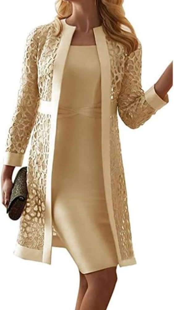 Yeooa Conjunto de Traje de Dos Piezas Elegante para Mujer Vestido sin Mangas Liso y Encaje Calado cárdigan cárdigan Conjunto de Vestido de Fiesta Nupcial