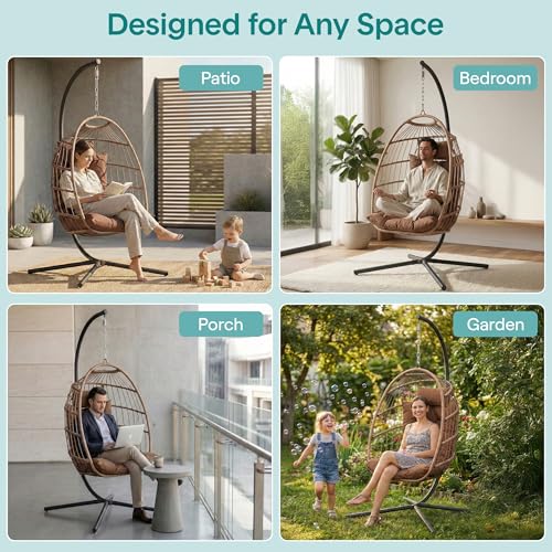 SereneLife Hanging Egg Chair with Stand | Foldable Rattan Wicker Hammock Chair for Patio, Balcony, and Bedroom Use with UV & Weather Resistant Cushion | 350 lb Capacity | 3" Padded Headrest Included by SereneLife - Used condition - Image 6