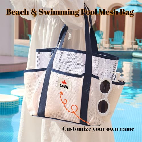 Personalized Beach Mesh Bag, Girls Travel Wash ToteBag, Custom Handle Sandproof Pool Bags with 8 Pockets2