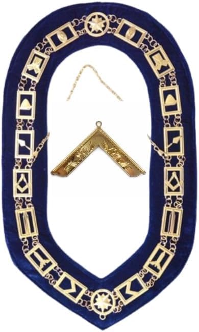 MASONIC BLUE LODGE OFFICER CHAIN COLLAR WITH Gold – Worshipful Master JEWEL - MASONIC REGALIA BLUE LODGE CHAIN COLLAR GOLDCHAIN AND BLUE BACKING