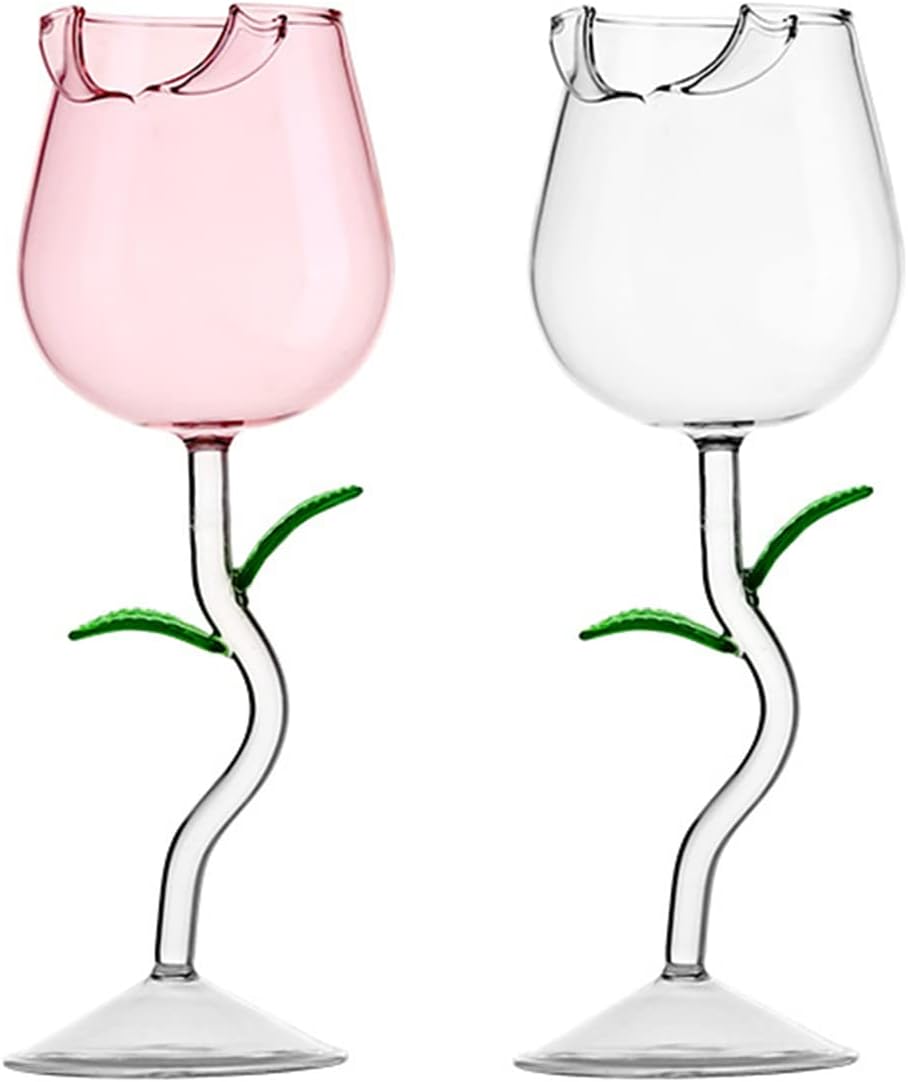 2Pcs Rose Flower Wine Glasses Creative Rose Cocktail Glass Flower Shaped Cocktail Wine Glass Set for Gifts Party Dinner Wedding Festival Drinkware