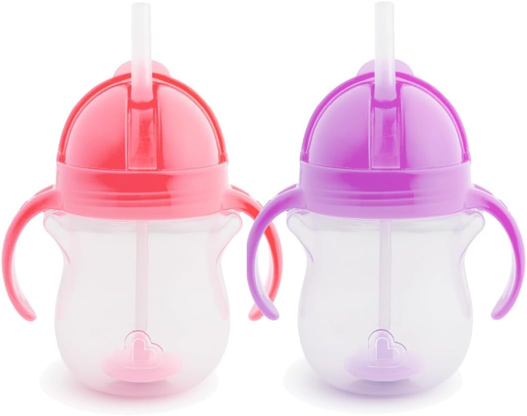 Munchkin Click Lock Tip & Sip Straw Cup Set| Baby & Toddler Sippy Cups with Straw| BPA Free Non Spill Cup| Dishwasher Safe Baby Straw Cup| Weighted Straw Childrens Cups| 7oz/207ml| 2 Pack| Pink/Purple