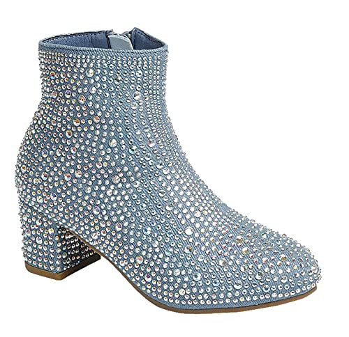 Forever Girls Rhinestone Boots Kids Low Heel Dress Booties Iceberg-12K Shoes Blue Denim Rhinestone 1
