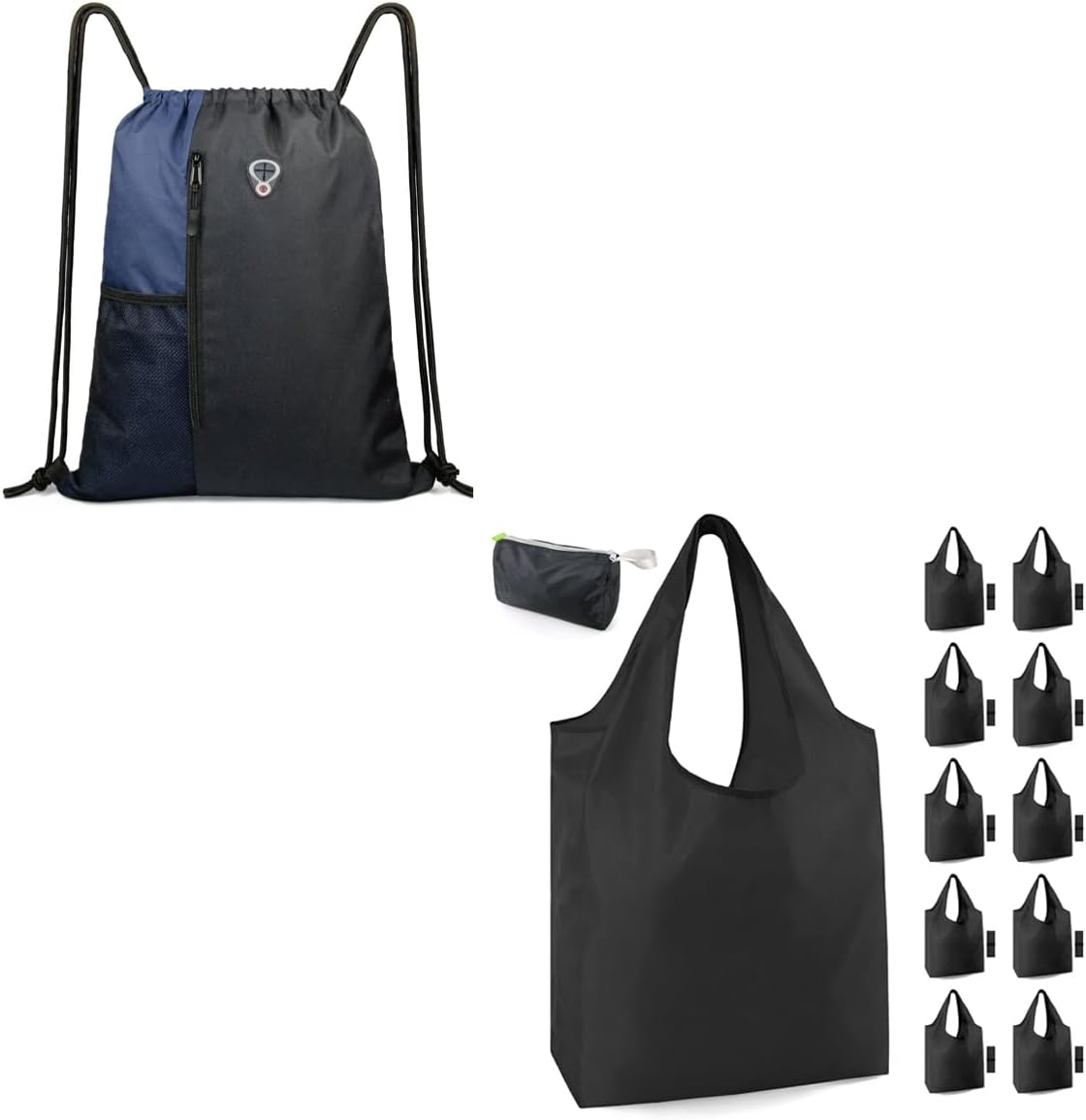BeeGreen Navy Drawstring Backpack & 10 Grocery Bags
