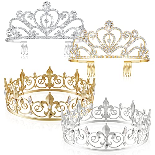 Henoyso 4 Pcs Prom King and Queen Crowns Set Prince Princess Tiara Crystal Headband Crowns for Women Man Graduation Homecoming Wedding Birthday Summer Party(Gold Silver Vintage Style)