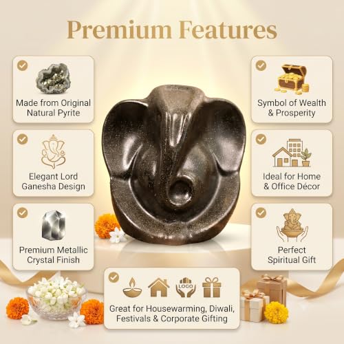 Image of Certified Pyrite Ganesha Idol for Wealth, Success & Vastu | Handmade Lord Ganpati Murti for Home, Office & Temple Decor | Energy Crystal Showpiece Gift for Housewarming & Ganesh Puja