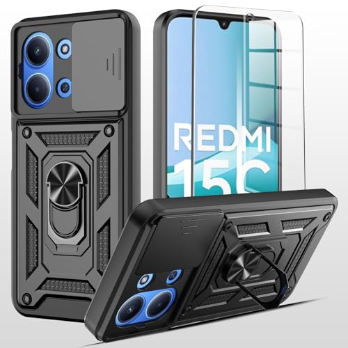 MQERYBV Coque pour Xiaomi Redmi 15C (4G / 5G), avec 1 Pièces Verre Trempé, Lentille Coulissante, Support 360° Rotatif Militaire PC Dur Renforcée Armor Antichoc Bumper Housse Etui, Noir