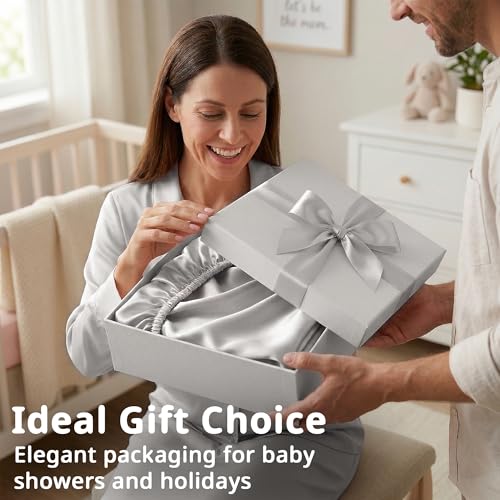 Image of Pro Goleem Satin Mini Crib Sheets 2 Pack, Grey & White Silky Soft Fitted Sheet for Baby Hair Protection, 38 inchx24 inchx5 inch Breathable Mattress Cover Compatible with Pack n Play & Portable Crib