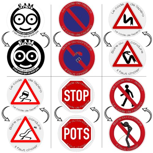 (Lot de 6) Dessous de Verres Recto/Verso en Carton | ✮ Sam ✮ | Humour et Message de Sécurité | Code de l'Apéro | Boire ou Conduire | Pile ou Face |...