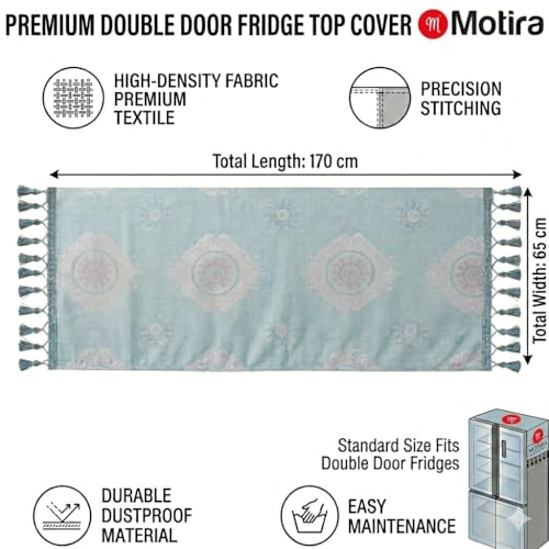 Image of Fridge Top Cover by Motira - Double Door & French Door Protector, Floral Embroidery with 6 Pockets 65 x 170 CM (Blue)