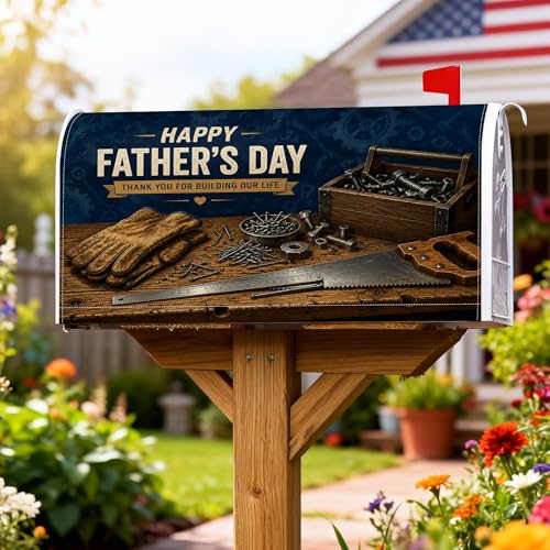 Tools Magnetic Mailbox Covers, Masculine Rustic Gloves Saw Father's Day Brown Mail Box Cover for Lawn Decoration 18x21 Inch