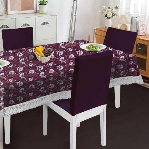 Image of The Furnishing Tree Waterproof PVC Rectangle Shaped 6 Seater Table Cover WxL 60x90 inches Floral Pattern Magenta with White Border lace