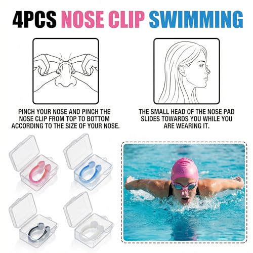 NOVAHAUS Nose Clip for Swimming, 4 PCS Silicone Waterproof Nose Plugs for Adults with Individual Storage Case, Soft Comfortable Non-Slip Fit for Pool Training Diving Water Sports Multi-Color