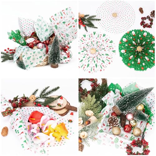 Image of Larcenciel Christmas Tissue Paper - 60 Vintage Green & Red Sheets, Santa Snowflakes Xmas Wrapping Paper for Gift Bags, Gift Wrap, Crafts, Party Decor - 20x14in