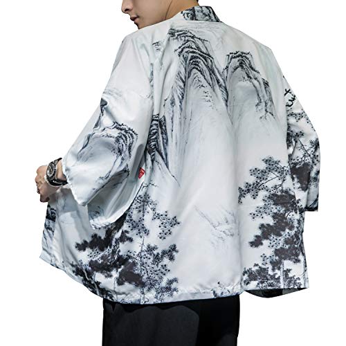 Image of Men's Japanese Kimono Robe Jacket Lightweight 3 /4 Sleeve Open Front Yukata | Silky Smooth Fashion Print Happi Coat Lightweight Breathable Loose Unisex Haori Casual Summer Cardigan Daily Beach Vacation