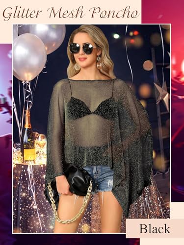 Womens Sparkly Sheer Poncho Top Glitter Mesh See Through Poncho Shawl Batwing Sleeve Asymmetrical Cape Tops Party Club Outfit2