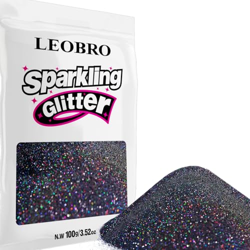 LEOBRO 100g / 3.5 oz Black Glitter Holographic Fine Glitter for Crafts Resin DIY Jewelry Keychains Flowers Party Halloween Decorations