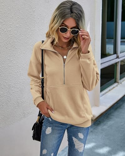 Image of PRETTYGARDEN Women's Casual Long Sleeve Zipper Sweatshirt Drawstring Loose Quarter Zip Pullover Tops with Pockets