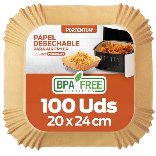 PORTENTUM Papel freidora aire 100 unidades de 20-24 cm Cuadrado. Para Air Fryer, Grado alimenticio con triple certificación BPA free, FDA y LFGB
