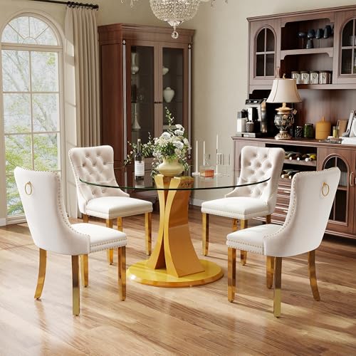 Image of 5-Piece Dining Table Set with 47In Tempered Glass Table and 4 Velvet Upholstered Chairs, Modern Scandinavian Furniture for Dining Room Kitchen(Beige&Gold)