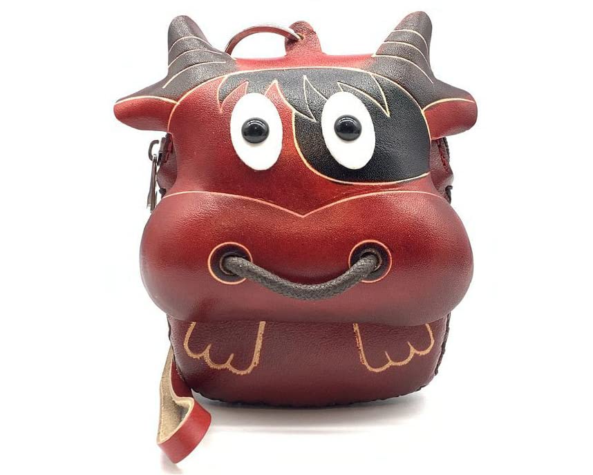 Vintage Genuine Leather 3D Animal Bull Coin Purse with keyring & Removable wrist strap (Red)