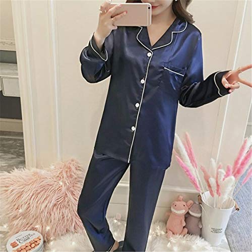 Conjunto de pijama feminino de seda PRETYZOOM de manga comprida (rosa) – Tamanho M, Azul marino, M