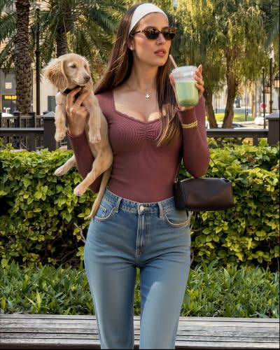 Image of SUUKSESS Women Sweetheart V Neck Long Sleeve Tops Lace Trim Ribbed Modal Fall Going Out Shirts