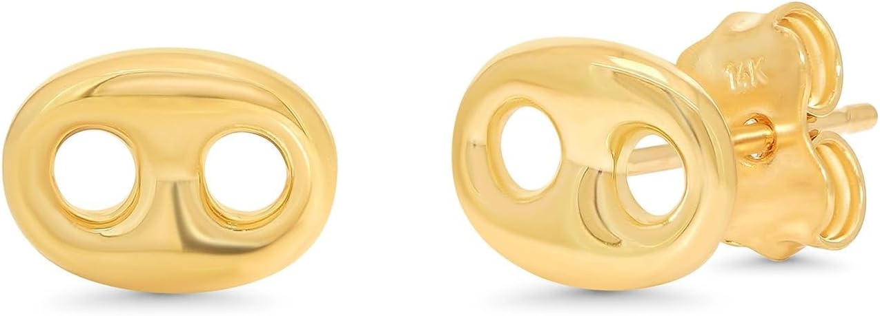Solid 14k Yellow Gold Mini Puffed Mariner Link Stud Earrings with Push Back
