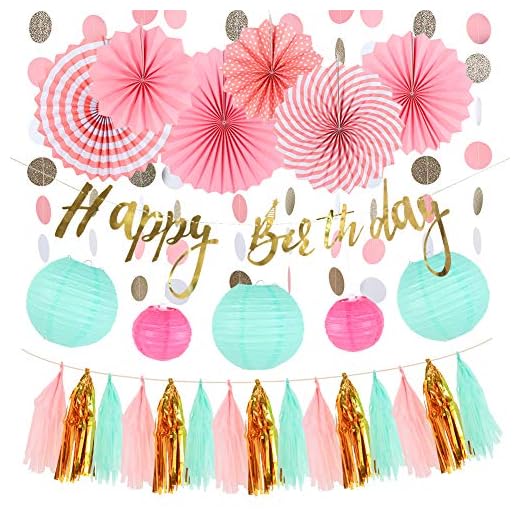 Sunbeauty 28 Piezas Cumpleaños Rosa Decoracion Fiesta, Linterna Menta Abanico de Papel Rosa Borla Dorado Guirnalda Pancartas Happy Birthday, Fiesta para Infantil Niña Cumpleanos Princesa