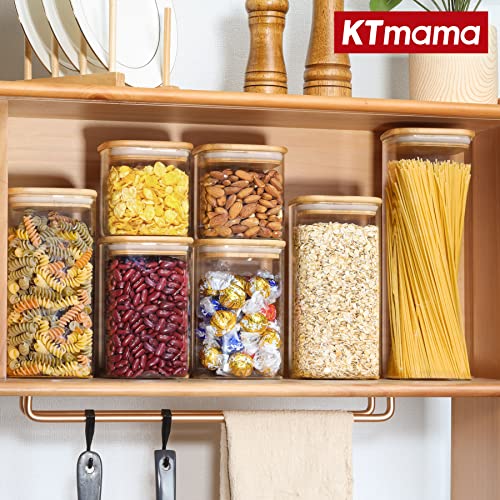 Image of Glass Square Food Storage Container With Airtight Bamboo Lid, Set of 6 Stackable Kitchen Pantry Clear Canisters For Cookie, Candy, Sugar, Coffee Bean, Pasta, Nuts (22oz /37oz /50oz)