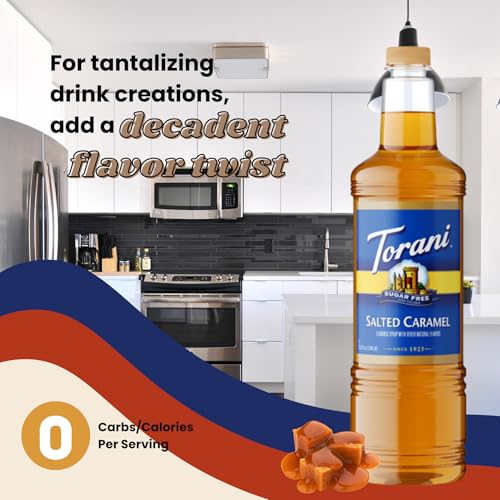 Image of Torani Sugar Free Salted Caramel Syrup 1 Liter Bottle with Pump Dispenser - Zero Calorie Flavored Coffee Syrup for Lattes, Cold Brews, Teas, Cocktails & Desserts - Keto Friendly
