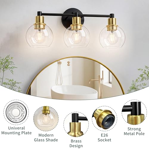 Image of 3 Light Bathroom Light Fixtures, Black and Gold Bathroom Vanity Lights, Modern Vanity Lights 3-Light Globe Bathroom Vanity Lighting Fixture Over Mirror