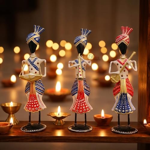 Image of Big Sardar Set of 3 White Handcrafted Rajasthani Musician Figurines, Traditional Metal Table Decor Showpiece for Office Desk, Corporate Bulk Gifting (2x3x13 Inch)