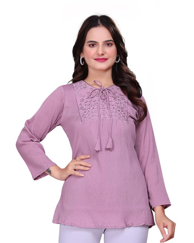 Women Short Kurti Tunic Top with Embroidered Yoke | Ladies Top Ethnic Wear for Office & Casual | Short Straight Kurti for Women | Stylish Women Top for Jeans, Leggings & Palazzos