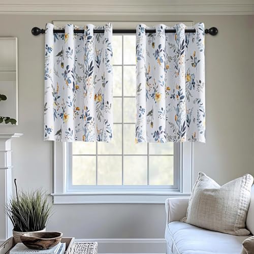 Image of MYSKY HOME Floral Kitchen Tier Curtains 36 Inches Long Grommet Room Darkening Thermal Insulated Half Window Drapes for Small Windows Cafe Bathroom, W52, 2 Panels, Yellow and Blue